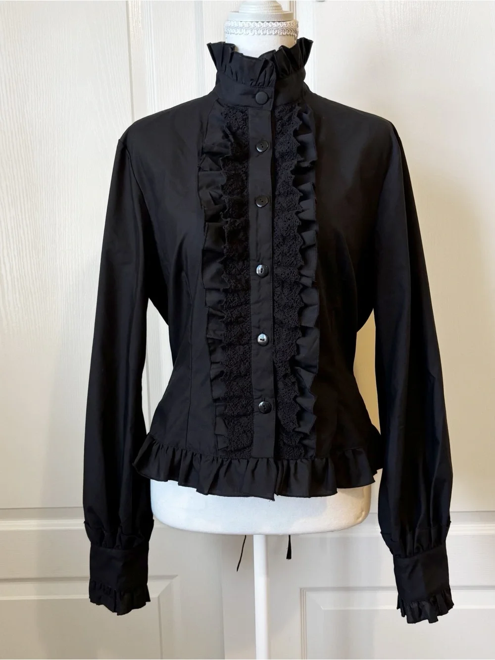 Fanplusfriend Victorian Lolita Black Ruffled High-Collar Button Down Top Large - Picture 1 of 9